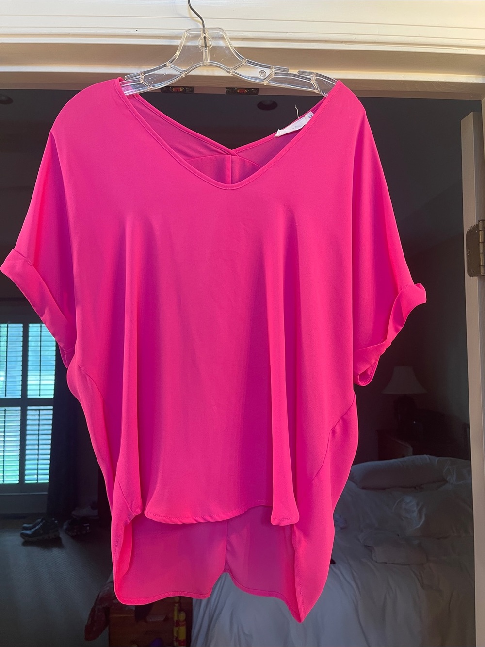 Lush Hot Pink V-Neck Relaxed Short Sleeve Tunic